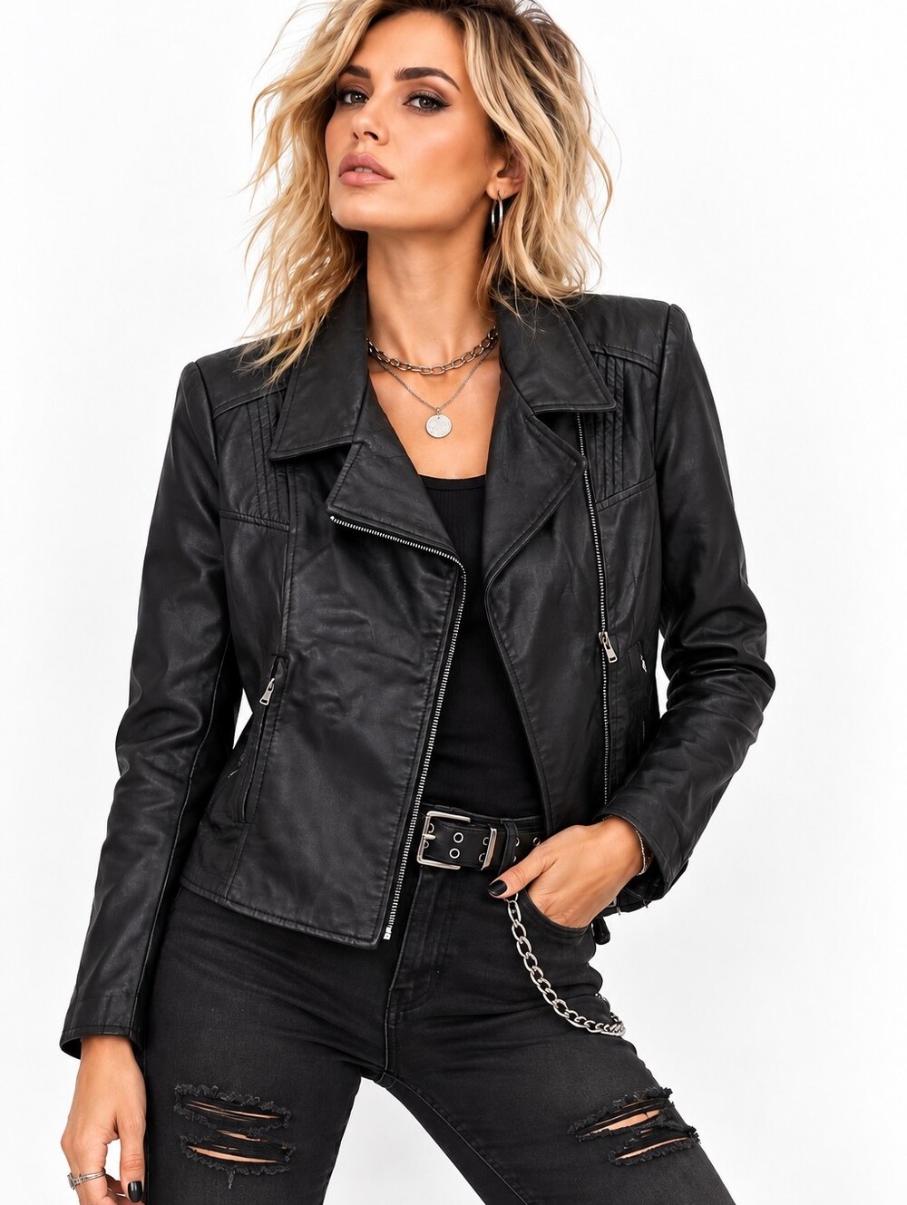 Vera Pelle Leather Motorcycle Black Jacket Size M (48) Made In Italy